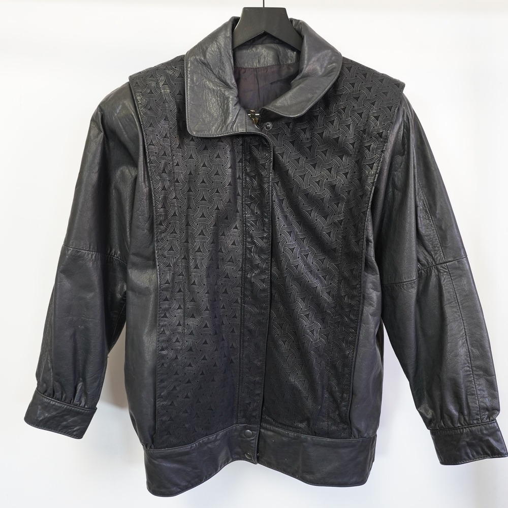 Vintage Gino di Giorgio Black Leather Jacket 80s Geometric Pattern Size Small